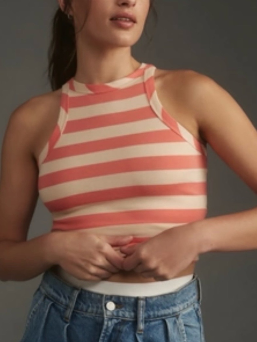 Maeve by Anthropologie Coral and Cream Striped High-Neck Tank